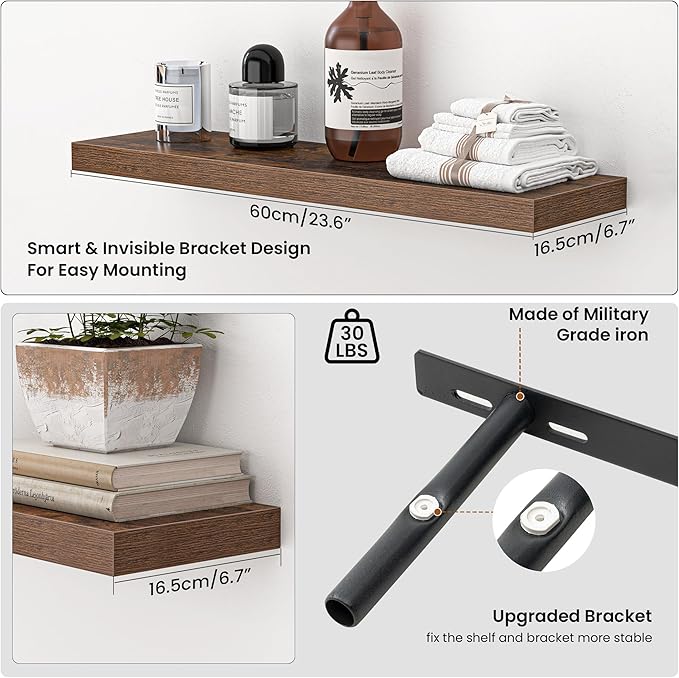 Heimlove 24 Inch Floating Shelves for Wall,Mounted Storage Wood Shelves with Invisible Brackets Hanging Shelf for Bedroom,Living Room,Kitchen,Office,Set of 2,Rustic Brown