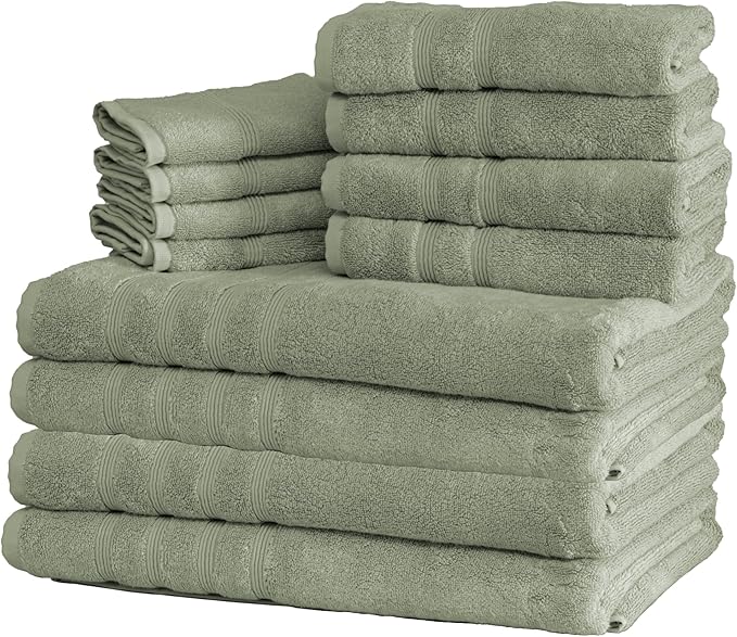 Mosobam Luxury Turkish 12pc XL Towel Set 35X70 16X30 13X13 Seagrass Green 700 GSM Bamboo Viscose & Aegean Turkish Combed Cotton
