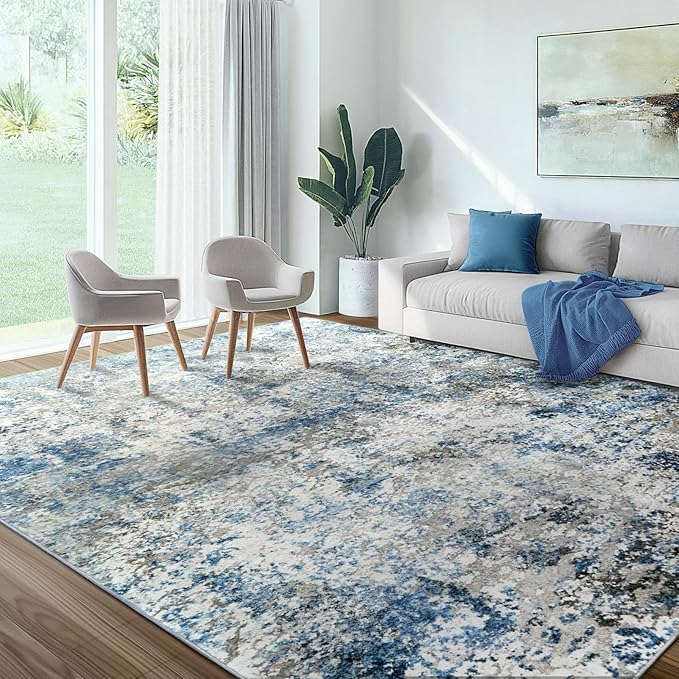 Area Rug for Living Room: 10x14 Washable Neutral Abstract Rug for Bedroom Modern Soft Dining Room Rug No Slip Low Pile Carpet for Nursery Home Office Decor - Grey/Blue