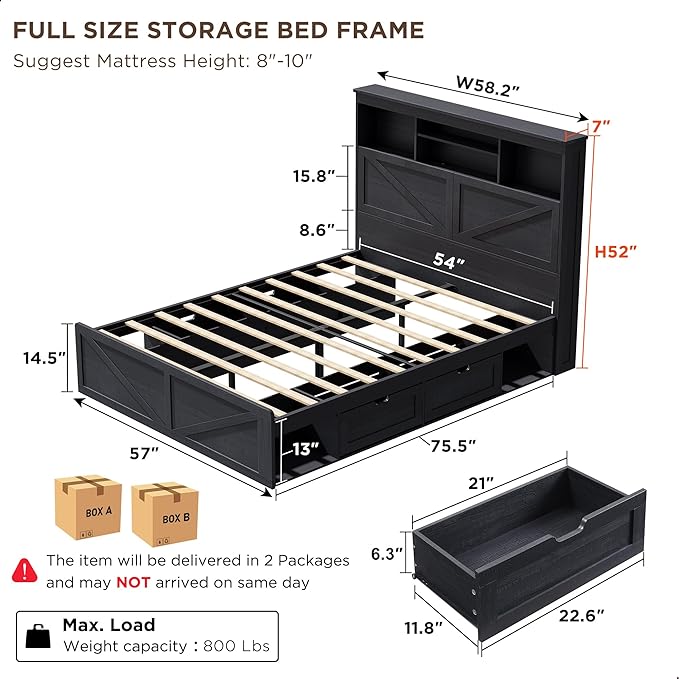 ACCOHOHO Full Bed Frame with 52" Tall Headboard and 4 Drawers,LED Light,Charging Station,Solid Wood Slats Support,No Box Spring Needed,Black