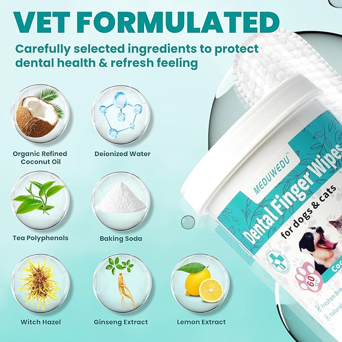 Dental Care Finger Wipes 60 Counts,Teeth Cleaning Finger Wipes for Dogs & Cats,Reduces Plaque & Supports Oral Freshness, Coconut Scent
