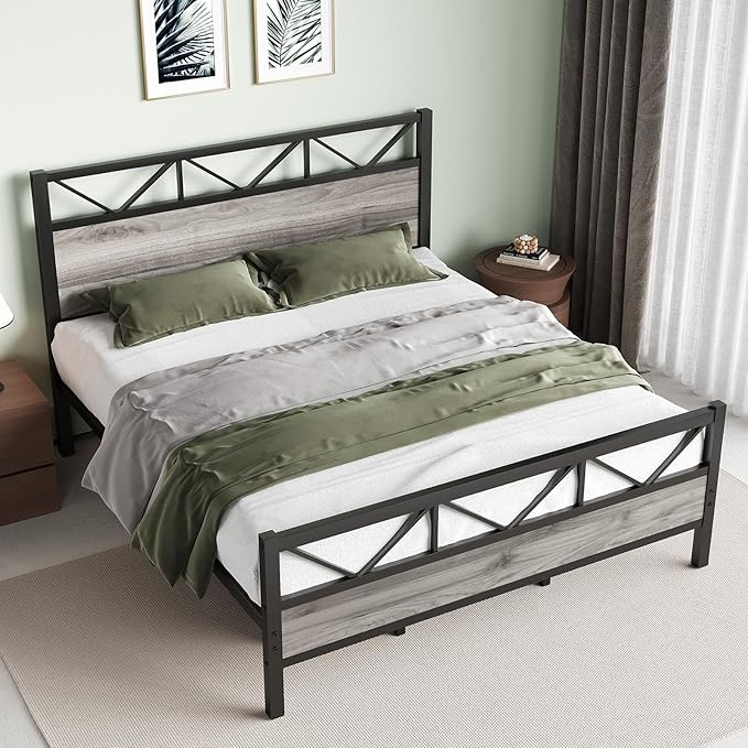King Size Bed Frame with 51.2" Tall Headboard, Platform Bed Frame with Metal Support, Solid and Stable, Noise Free, No Box Spring Needed, Wash Grey