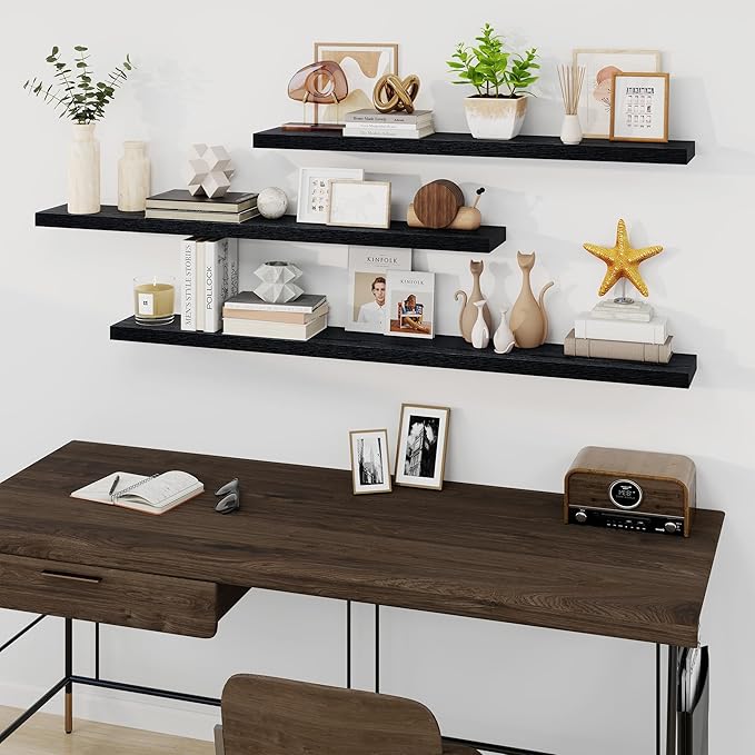 Fun Memories 66 Inch Fireplace Mantel - Long Floating Shelf, Wall Mounted Farmhouse Display with Invisible Heavy Duty Metal Bracket, Black, 2 Pack