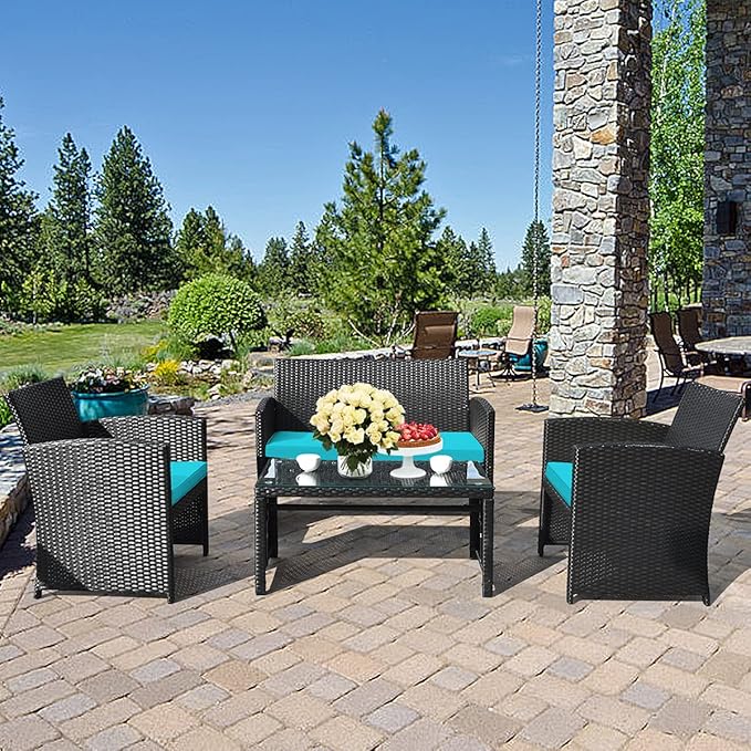 Tangkula 8 Pieces Patio Wicker Conversation Furniture Set, Patiojoy Sofa & Table Set w/4 Seats, Outdoor Rattan Sofa Set for Balcony Backyard, Wicker Chair Set with Tempered Glass Coffee Table