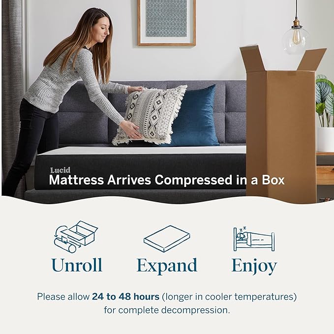 Lucid 8 Inch Memory Foam Mattress - Medium Plush Feel - Infused with Refreshing Bamboo Charcoal and Cooling Gel - Bed in a Box - Temperature Regulating - Pressure Relief - Breathable - Twin XL Size