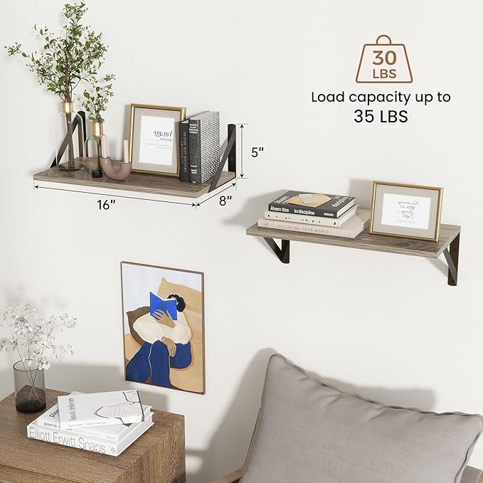 Axeman Floating Shelves for Wall, 16W x 8D Floating Shelves Set of 2, 8 Inch Deep Rustic Grey Wood Wall Mounted Shelves for Farmhouse Bookshelf Living Room Bedroom