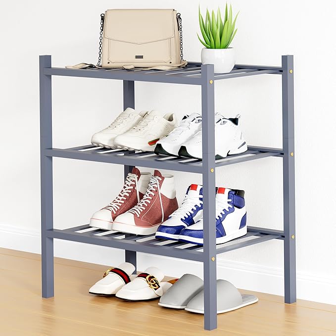 Smiry Shoe Rack, 3 Tier Small Bamboo Shoe Organizer, Stackable Free Standing Wooden Shoe Storage Shelf for Closet, Entryway, Front Door Entrance, Grey