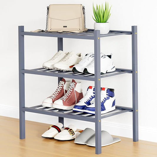 Smiry Shoe Rack, 3 Tier Small Bamboo Shoe Organizer, Stackable Free Standing Wooden Shoe Storage Shelf for Closet, Entryway, Front Door Entrance, Grey