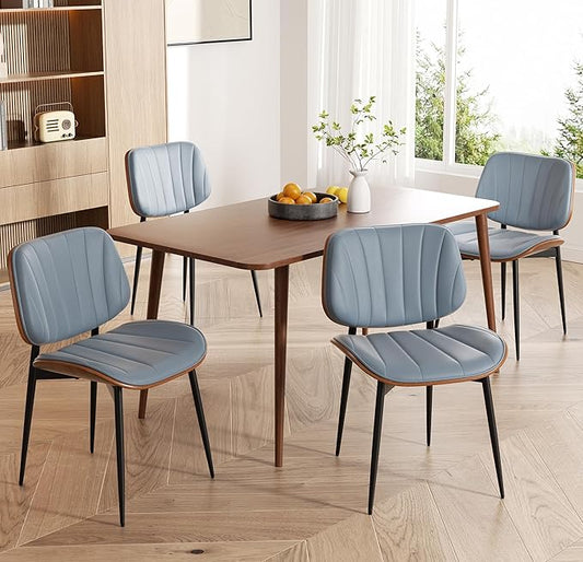 Dining Chairs Set of 4, Mid Century Modern Dining Room Chair, Upholstered Faux Leather Kitchen Chairs with Walnut Bentwood Back and Metal Legs for Kitchen Dining Room Living Room, Blue