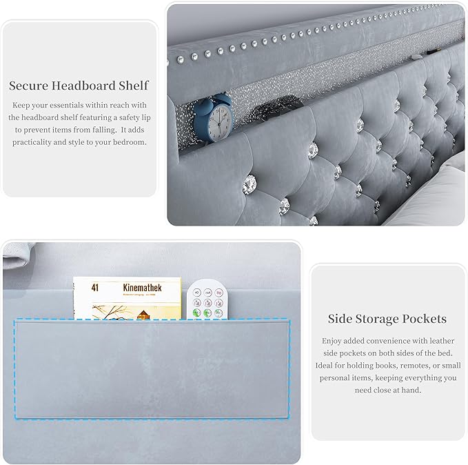 King Led Bed Frame with 2 Drawers, Modern Platform Bedframe with Adjustable Upholstered Crystal Button Tufted Headboard and Storage, No Box Spring Needed, Noise-Free, Easy Assembly, Velvet Grey