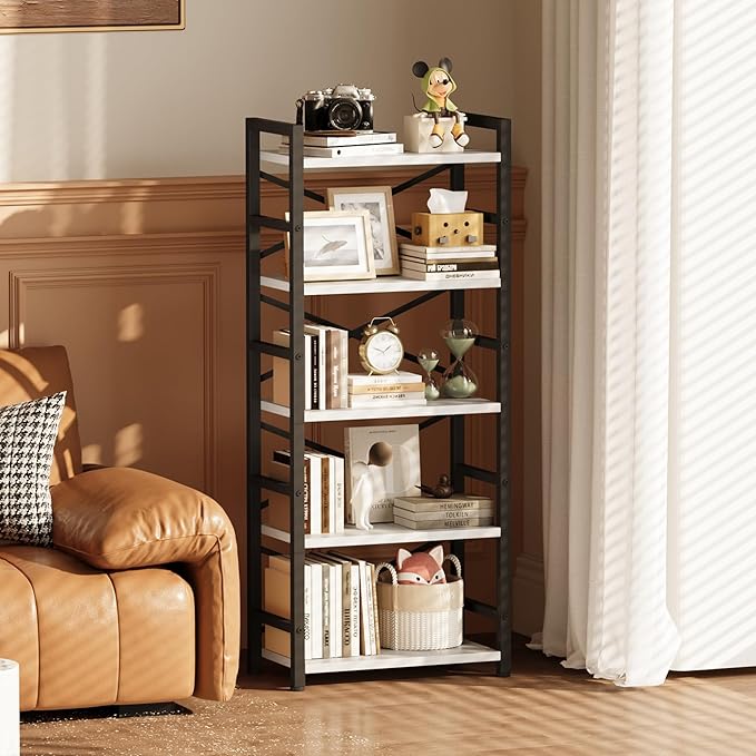Homeiju Organization and Storage, 5 Tier Bookshelf, Tall Bookcase with Shelves, Wood and Metal Book Shelf Storage Organizer, Industrial Display Standing Shelf Unit for Bedroom, White