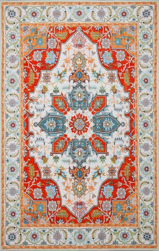 WILLSUN Washable Area Rugs, 8x10 Non-Slip Boho Large Area Rugs for Living Room, Bedroom, Machine Washable Vintage Rug, Indoor Floral Print Carpet for Home Decor, Kid & Pet Friendly Mat