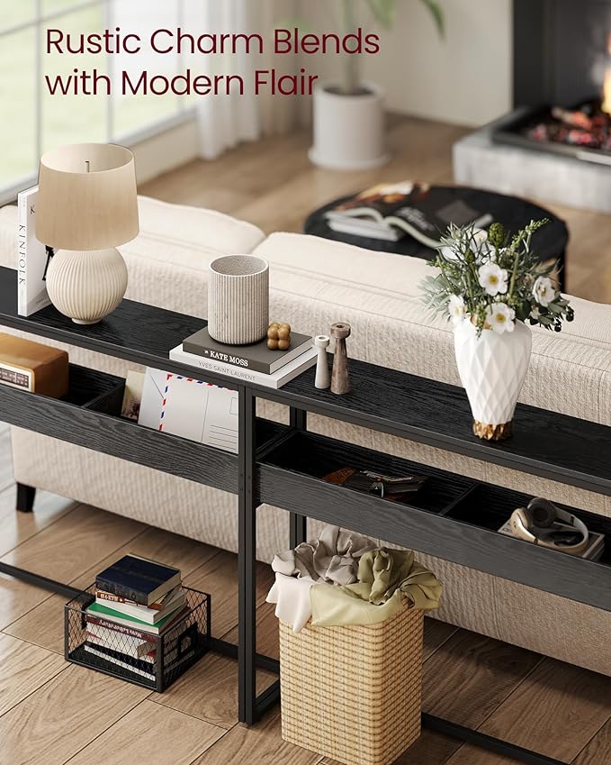 VASAGLE 2-Tier Entryway Table, Narrow Console Table, Semi-Open Compartments, 9.4 x 39.4 x 31.5 Inches, for Hallway, Living Room, Ebony Black and Ink Black ULNT091B01