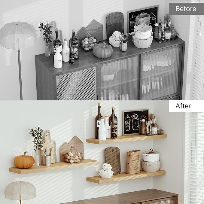 Vivelove Single Floating Shelves Oak 48 Inches, 48 x 10 inch Deep x 1.8 in Thick, Long Wall Shelves Heavy Duty 80 lbs for Bedroom, Living Room, Kitchen, Office, Modern Shelf Book Home Decor