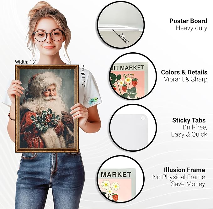 TracyArt Vintage Christmas Decor, Santa Claus with Sprig of Holly Artwork - Christmas Decorations, Unframed 13" x 17"