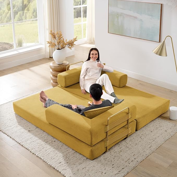 Antetek Convertible Futon Sofa Bed, 3-Seater Modern Corduroy Foam Floor King Size Bed Foldable Sleeper Lounge Loveseat Sofa Couch with 2 Throw Pillows for Living Room Bedroom Guest Room, Yellow