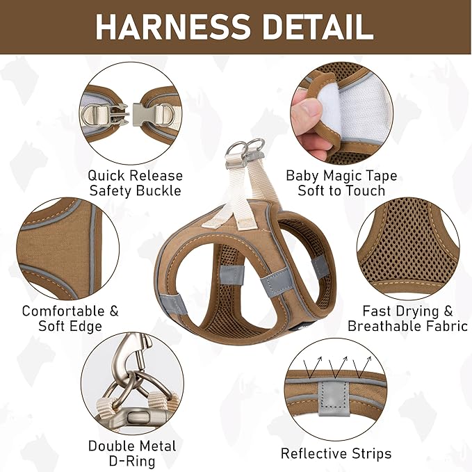 GAMUDA Small Pet Harness Collar and Leash Set, Step in No Chock No Pull Linen Fabric Soft Mesh Dog Vest Harnesses Reflective for Dogs Puppy Cats Kitten Rabbit (Brown, XS)