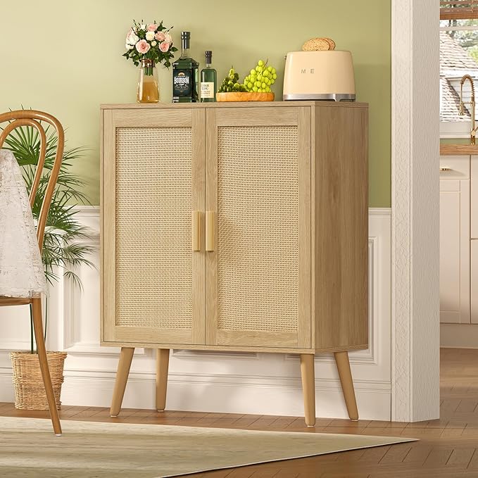 Iwell Storage Cabinet with 2 Shelves, Rattan Cabinet with 2 Doors, Sideboard Buffet Cabinets with Storage for Living Room, Dining Room, Entryway, Natural