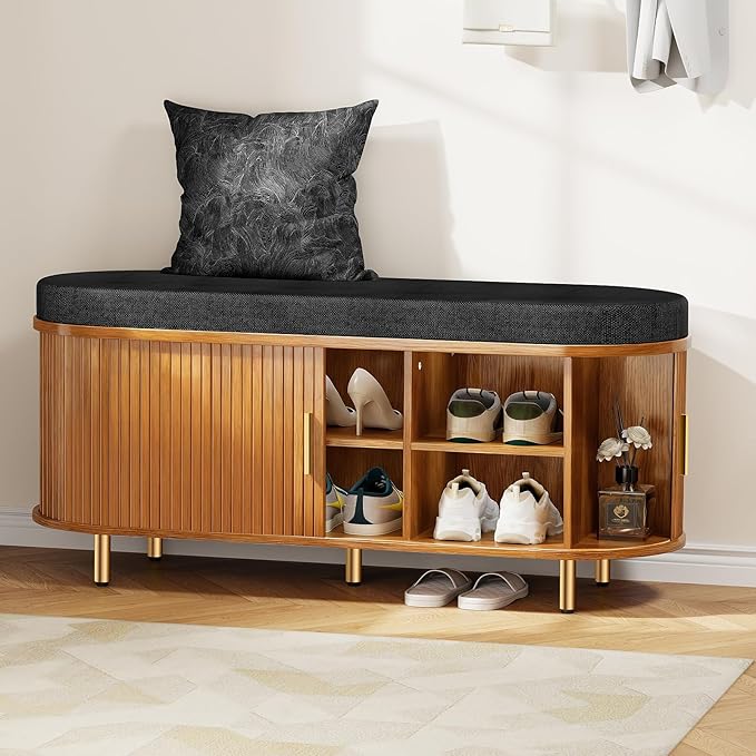 DHH Entryway Bench with Shoe Storage Fluted Shoe Storage Sliding Door and Adjustable Shelf with Cushion,2-Tier Shoe Rack Cabinet for Entryway, Bedroom, Living Room, (Yellow Walnut)