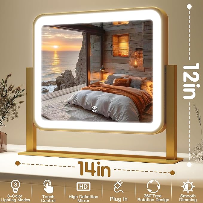 FENNIO Vanity Mirror with Lights 14x12 Inch - Makeup Mirror with Lights Tabletop, 3-Color Dimmable Lighted Mirror, Touch Control Desktop Mirror for Women (Gold)