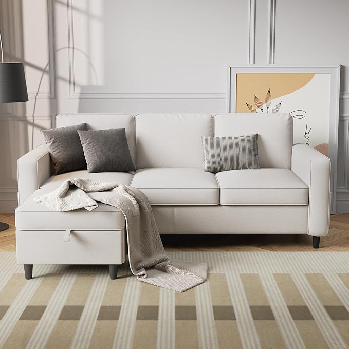 Sectional Sofa Couches for Living Room, 78'' Beige 3 Seater L-Shaped Couch with Storage Ottoman, Comfy Linen Convertible Sectionals Sofas with Chaise for Apartment, Office, Small Space