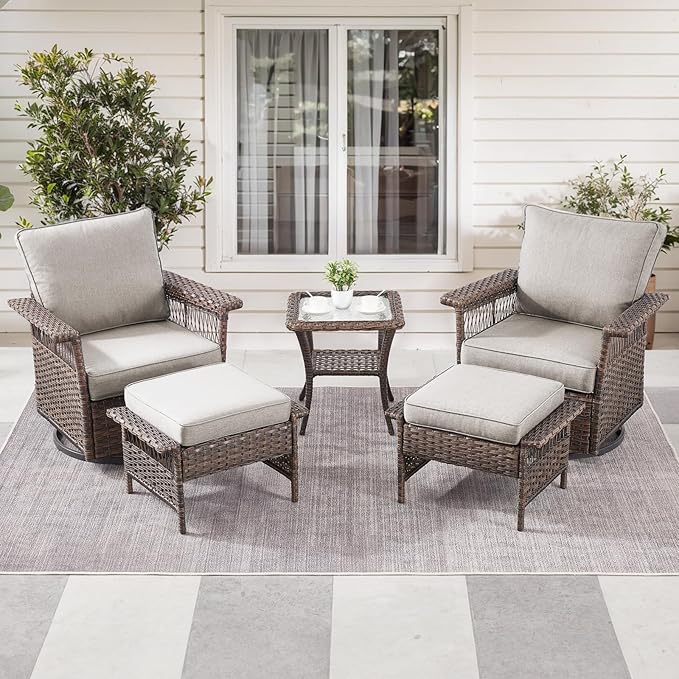 5 Pieces Wicker Patio Furniture Set - Hollow Widen Armrest Outdoor Swivel Glider Chairs with Side Table & Ottomans, Small Patio Conversation Set for Balcony Porch Deck and Yard - Brown/Beige
