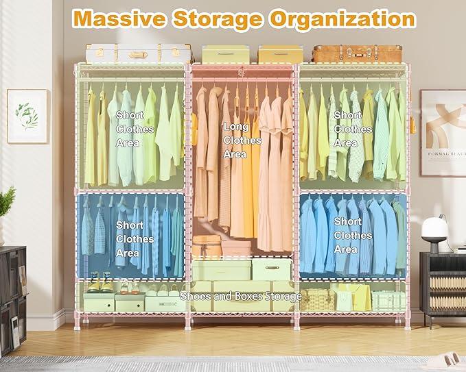 E14 Heavy Duty Clothes Rack，Freestanding Clothing Racks for Hanging Clothes，Adjustable Closet Organizers and Storage，Metal Garment Rack with Shelves 69" W x16 D x77 H，Max Load 960LBS，Pink