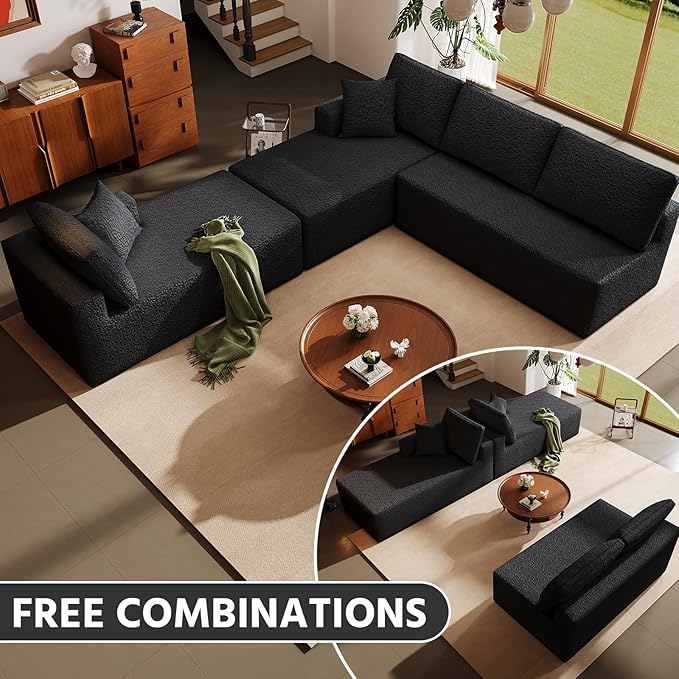 140" Modular U-Shaped Sectional Sofa, 7-Seater Cloud Couch with Double Chaise, Modern Sleeper Sofa,No Assembly Sectional Cloud Boneless Sofa Couches for Living Room/Apartment