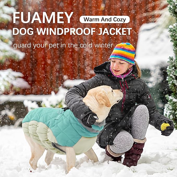 FUAMEY Dog Coat for Large Dogs,Waterproof Dog Winter Jacket with Harness Built in Puppy Cold Weather Coats Reflective Pet Vest with Zipper Warm Fleece Dogs Snowsuit Windproof Mint Green XXXL