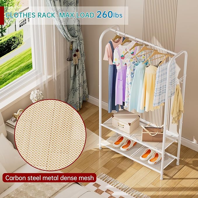 SINGAYE Clothing Racks Portable for Hanging Clothes Garment Rack Heavy Duty Clothes Rack Storage Coat Hanger Stand Portable Closet to Hang with Shelves Wardrobe Standing Organizer Drying White