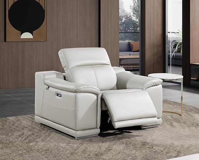 Blackjack Furniture Venice Top Grain Italian Leather Power Recliner Chair with Adjustable Headrest Modern Luxury Seating for Living Room Lounge, Light Grey