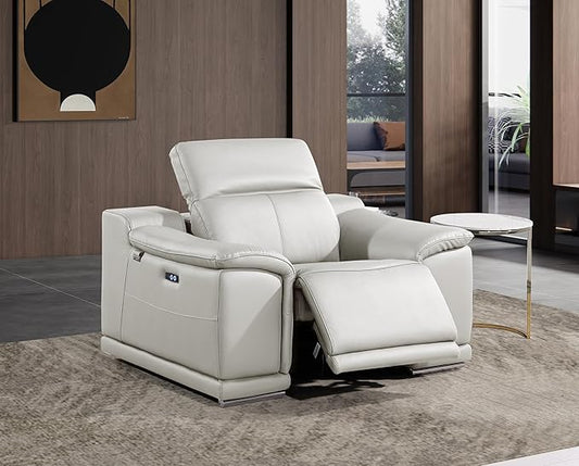 Blackjack Furniture Venice Top Grain Italian Leather Power Recliner Chair with Adjustable Headrest Modern Luxury Seating for Living Room Lounge, Light Grey