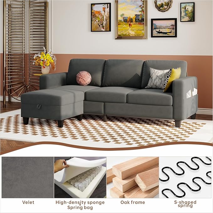 79''Couches for Living Room,Cloud Couch Sectional,L-Shaped 4-Deep Seat Sofa,Removable Cover,Suitable for The Living Room, Apartment or Bedroom,Office-Light Gray