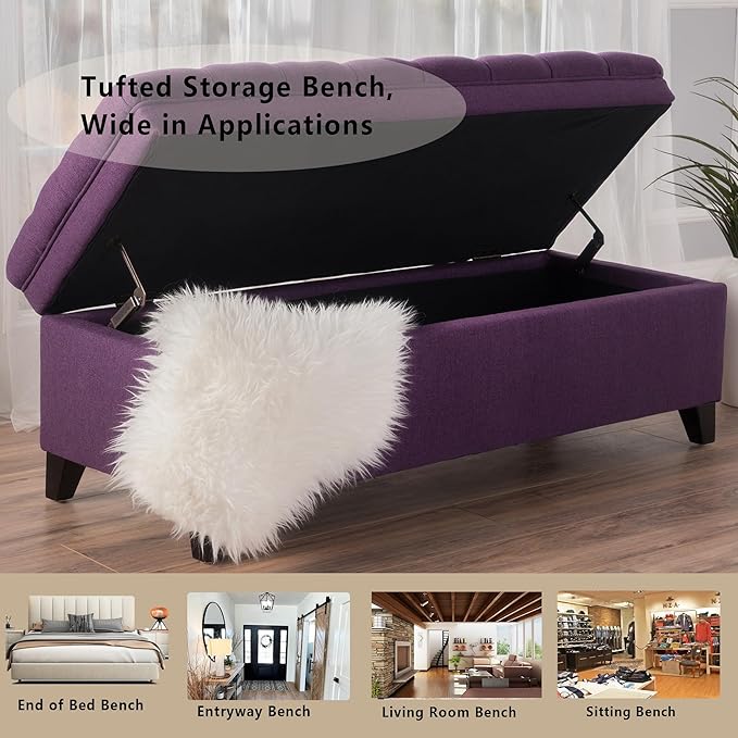 Setawix Linen Storage Benches for Bedroom,50" Bed End Bench with Storage,Tufted Purple Storage Ottoman Bench for Living Room,Rectangle Entryway Benches with Storage and Seating (Purple, Linen)