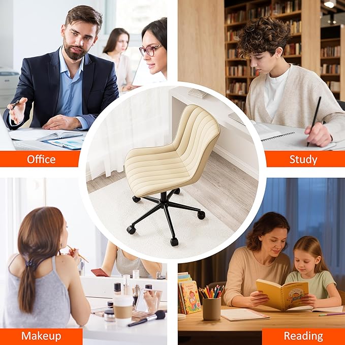 Kidol & Shellder Beige Leather Home Office Desk Chair with Wheels Modern Cute Armless Executive Swivel Vanity Chair with Comfy Padded Back Ergonomic Rolling Adjustable Computer Task Chair Small