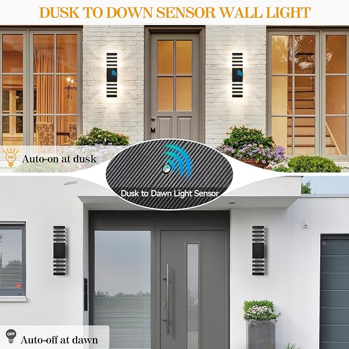 18.3 Inches Dusk to Dawn Outdoor Lighting,Up and Down Exterior Light Fixtures with 4 * 7W LED Bulbs,Waterproof Modern Long Outdoor Wall Light,Black Outdoor Porch Light for House,6 Packs