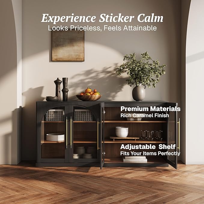 BELLEZE Set of 2 Modular Sideboard with Arched Glass Door, Accent Display Buffet Cabinet with Storage and Adjustable Shelves,Classic Modern Credenza for Dining Room Living Room Entryway (Ebony)