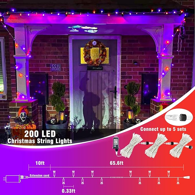 200 LED Christmas Lights Outdoor, 66ft Christmas String Lights Indoor Clear Wire 8 Modes Waterproof Plug in Twinkle Fairy Light for Tree Party Garden Decorations, Purple&Orange