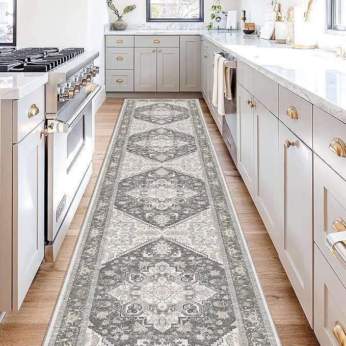 OPPODREAM Thin Entryway Rug 2x10, 2x10 Rug Runner, Washable Hallways Carpet 2 x 10 with Non Slip Backing, Low-Pile Bedside Carpet 2 x 10, Long, Faux Cashmere, Greenish Grey