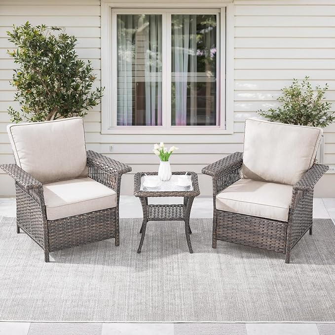 Wicker Outdoor Chairs Set - 3 Pieces Hollow Widen Armrests Patio Furniture Set with Side Table, Comfortable High Back Rattan Chairs for Balcony Porch Deck and Yard - Brown/Beige