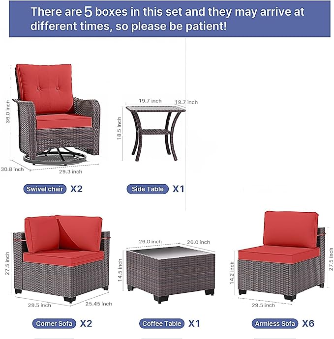 Gotland 12 Pieces Patio Furniture Set with Swivel Chair, PE Rattan Outdoor Furniture with 29.5'' High Backrest 4’’ Thick Cushions Coffee Table, Patio Set for Porch, Deck, Backyard, Red