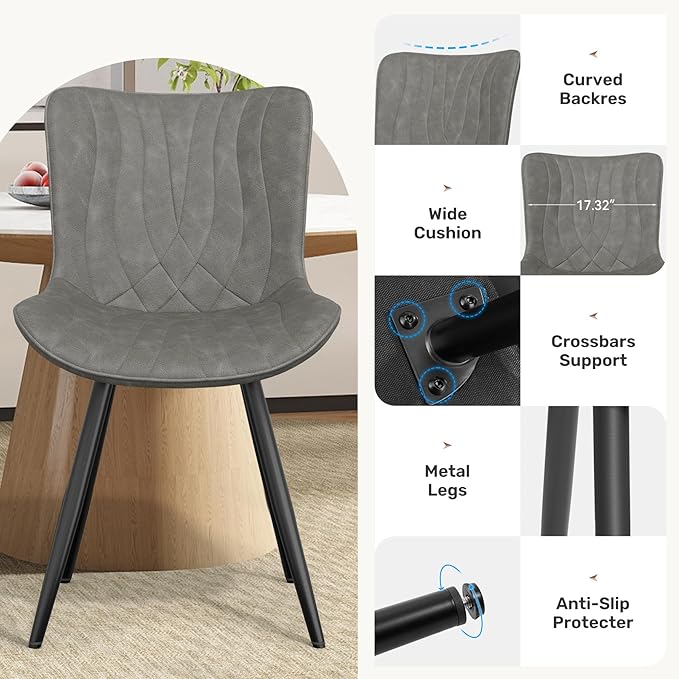 Dining Chair Set of 2 PU Leather Dining Room Chairs Upholstered Comfy Dining Chairs,Modern Kitchen Armless Side Chair with Sturdy Metal Legs,Grey