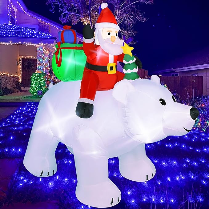 SAND MINE 6 Foot Tall Christmas Inflatable Santa Claus on Polar Bear, LED Lights Outdoor Indoor Holiday Decorations, Christmas Blow up Lawn Inflatables for Christmas Home Yard Decoration