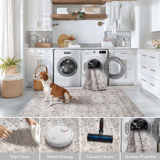 5x7 Area Rugs for Living Room Washable Soft Faux Fur Low Pile Vintage Floral Boho Modern Carpet Rug Non Slip Sound Absorbing Rugs for Bedroom Office Patio Dining Room Kids Room,Natural Grey