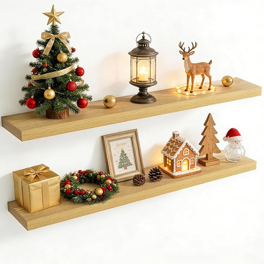 55 Inch Floating Shelves for Wall, 8 Inch Deep Floating Shelf for Storage & Display, Rustic Wall Mounted Shelf with Invisible Brackets for Living Room, Kitchen, Bathroom, Home Decor, Set of 2, Oak