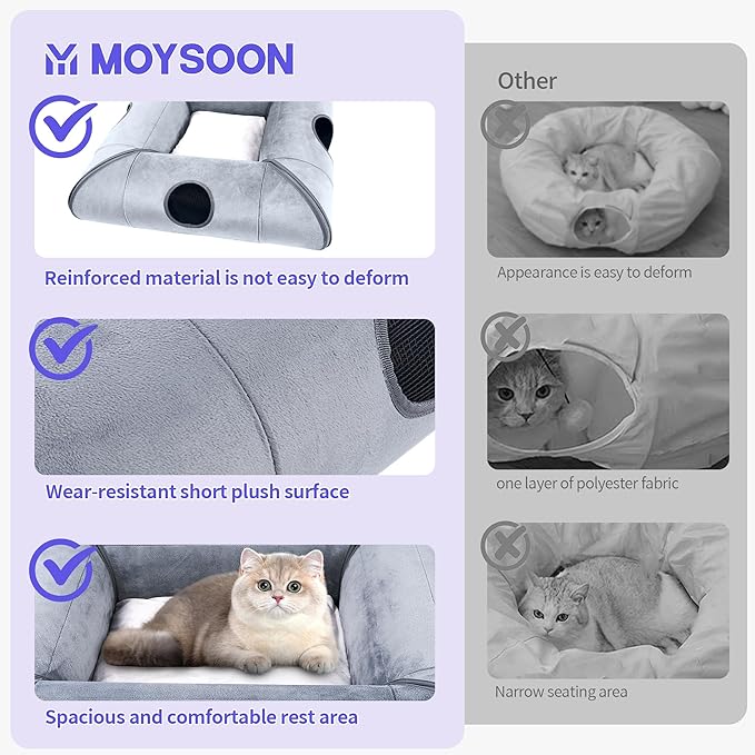 Indoor Cat Cave Bed, Sturdy and Scratch Resistant Removable Cat Tunnel Bed with Removable Soft Pad,Suitable for Small Cats (Gray)