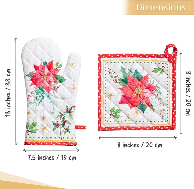 Maison d' Hermine 100% Cotton Oven Mitt & Pot Holder Set (7.5"x13" & 8"x8") Heat Resistant BBQ Cooking Gloves with Loop for Thanksgiving Christmas Decorations Handling Hot Pans (Poinsettia Christmas)