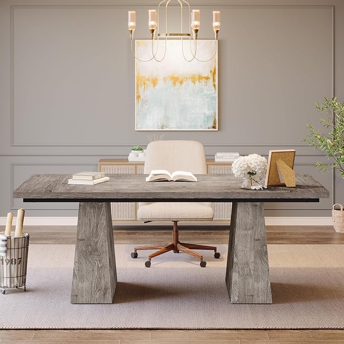 Tribesigns 63-Inch Executive Desk, Large Office Computer Desk with Double Pedestal, Modern Simple Workstations Writing Table Conference Table Business Furniture for Home Office, Grey