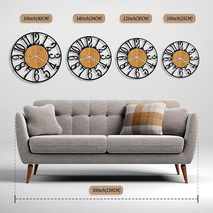 Maxstar Wall Clock Battery Operated,Silent Non-Ticking Modern Rustic Metal Round Clocks Small for Living Room/Bedroom/Office/Kitchen/Farmhouse Home Decor-12 Inch(Yellow-Wood)