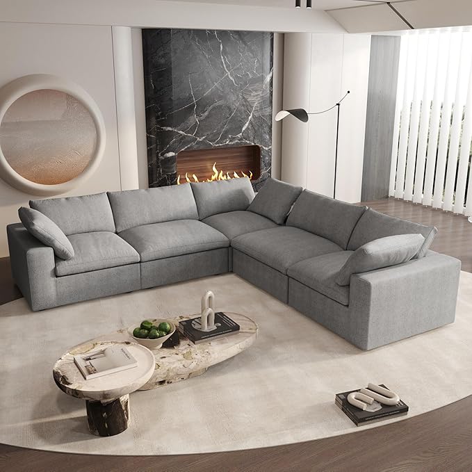 Cloud Couch Modular Sectional Sofa,160" V Shaped Convertible Couches with Corner Sofa for Living Room,5 Seater Minimalist Deep Couches,Sofa Covers Washable&Replaceable(Grey)